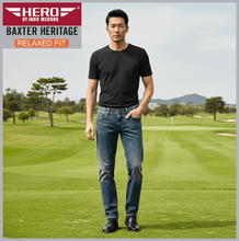 Lade das Bild in den Galerie-Viewer, HERO BAXTER Heritag | vintage used | Stretch Denim | Relaxed Fit | Jeans Hose | HERREN | vor Golfplatz