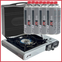 Lade das Bild in den Galerie-Viewer, JOY | Campingkocher aus Metall | Silber | im Koffer | Piezozündung | 8 Gaskartuschen