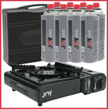 Lade das Bild in den Galerie-Viewer, JOY | Campingkocher aus Metall | Schwarz | im Koffer | Piezozündung | 8 Gaskartuschen