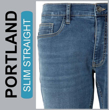 Lade das Bild in den Galerie-Viewer, HERO PORTLAND | Mid Blue Used | Stretch Jeans Hose | Slim Straight Fit | HERREN | Frontansicht halbe Hüfte