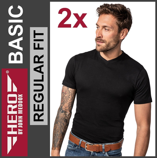 HERO | Basic T-Shirt | V-Neck | Black | Regular Fit | Herren