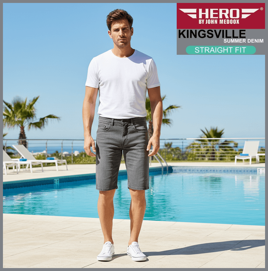 Hero KINGSVILLE | Grey Denim | STRAIGHT FIT | Bermuda | Summer Denim | Herren | vor Swimmingpool