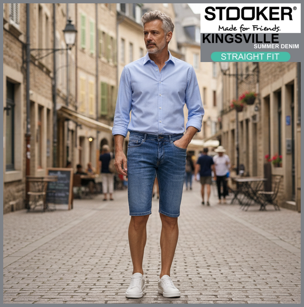 Stooker KINGSVILLE | Mid Blue Wash | STRAIGHT FIT | Bermuda | Summer Denim | Herren