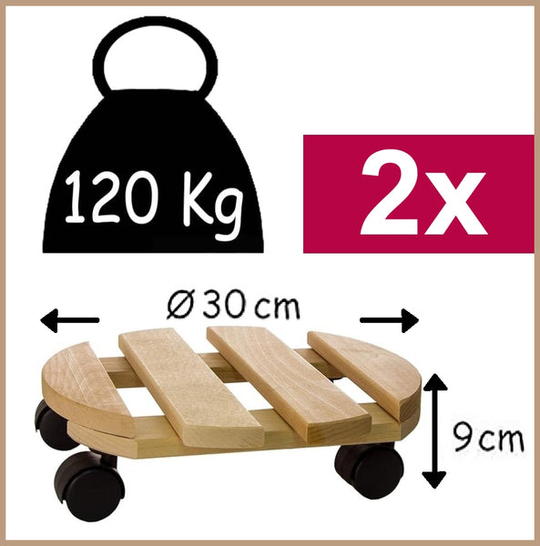 PFLANZENROLLER | 2 Stück | Massives Buchenholz | ⦰ 30cm  | RUND | Bis 120 Kg