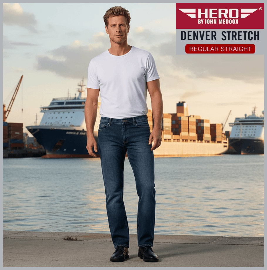 HERO DENVER | Midblue Used | Stretch Denim | Straight Fit | Jeans Hose | HERREN | vor Containerschiff