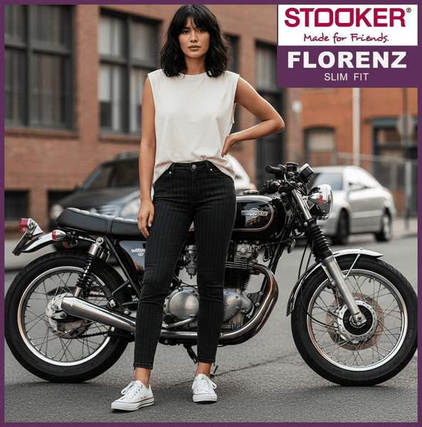 STOOKER FLORENZ | Black Denim | Stretch Jeans | Slim Fit | DAMEN | vor Motorrad