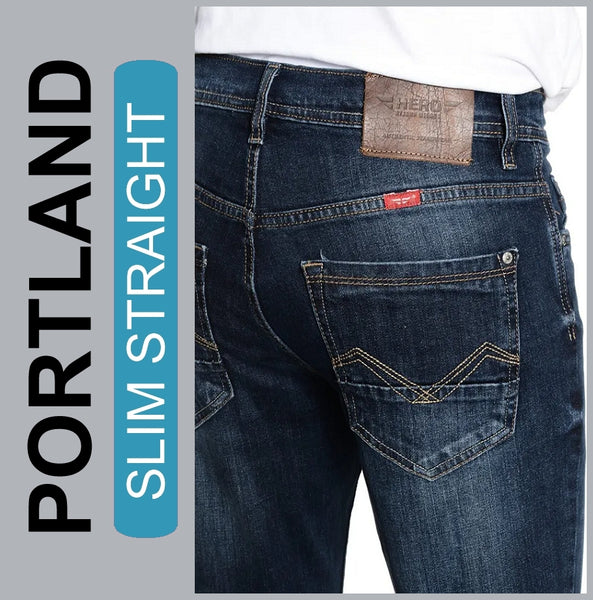 HERO PORTLAND | Classic Blue Used | Stretch Jeans Hose | Slim Straight Fit | HERREN | NEU!