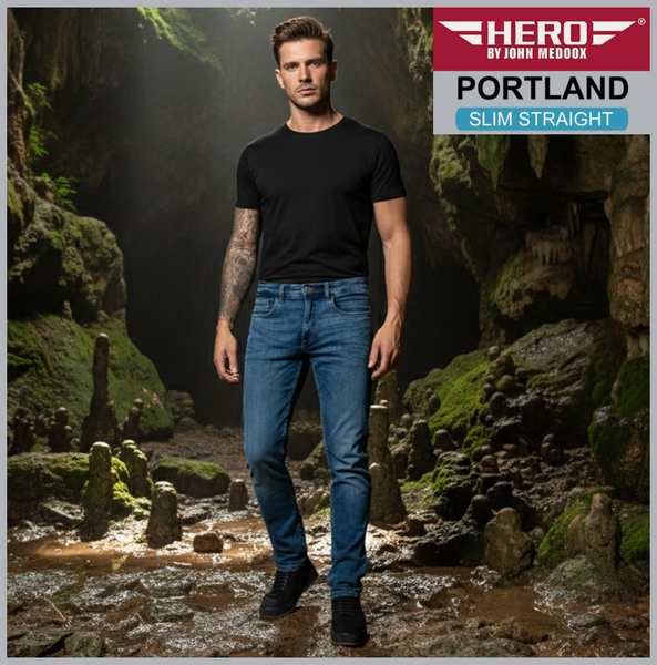 HERO PORTLAND | Mid Blue Used | Stretch Jeans Hose | Slim Straight Fit | HERREN