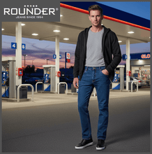 Lade das Bild in den Galerie-Viewer, ROUNDER FALCO | Blue Stone | Stretch Denim | Regular Straight | Jeans Hose | HERREN | vor Tankstelle
