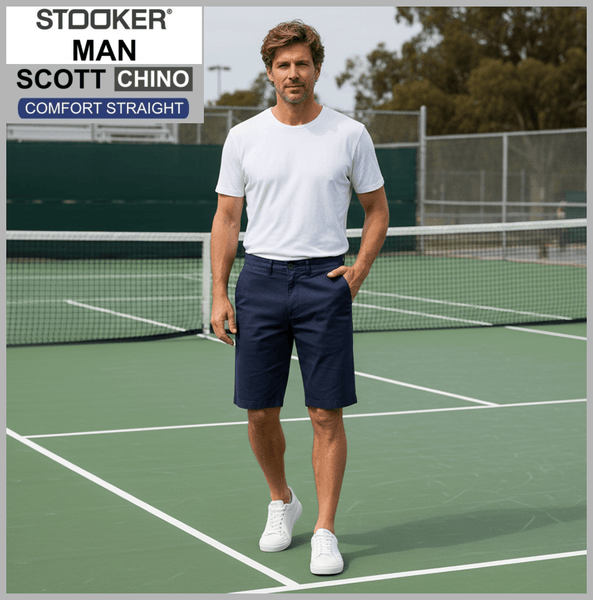 Stooker SCOTT CHINO | Herren | navy | COMFORT STRAIGHT FIT | Bermuda-Hose | auf Tennisplatz